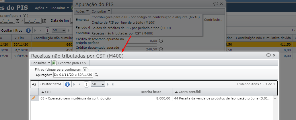 tela Receitas não tributadas por CST (M400)
