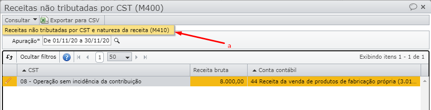 tela Receitas não tributadas por CST e natureza da receita (M410)