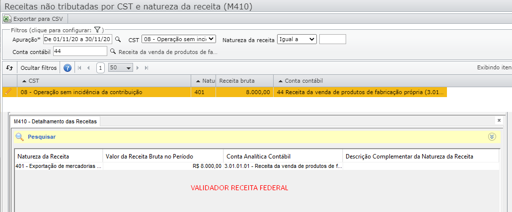 tela receitas não tributadas por CST e natureza da receita (M410)