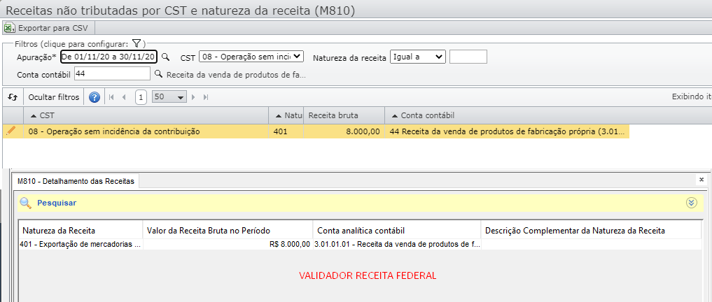 Receitas não tributadas por CST e natureza da receita (M810)