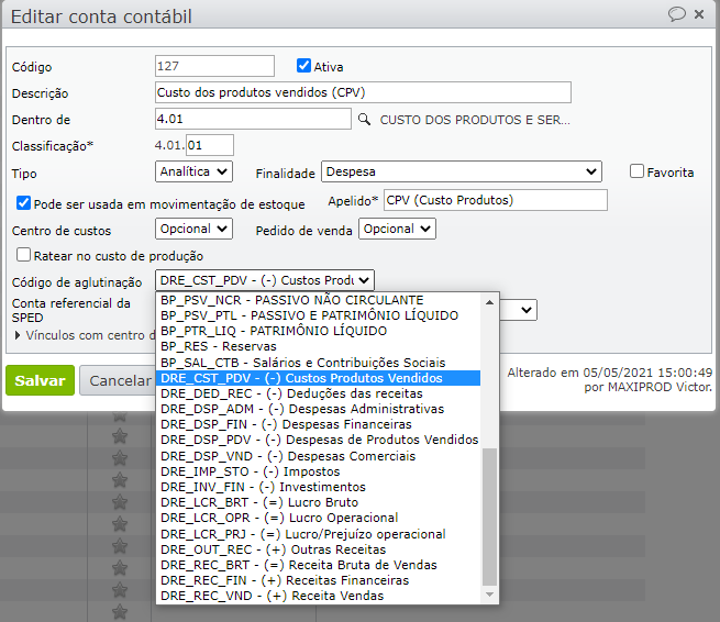 tela edição de conta contábil