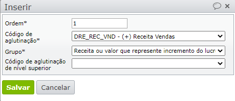 inserção de campos para criar nova DRE