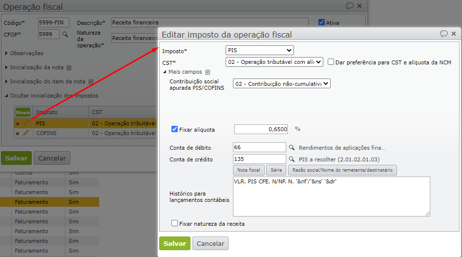 janela editar imposto da operação fiscal