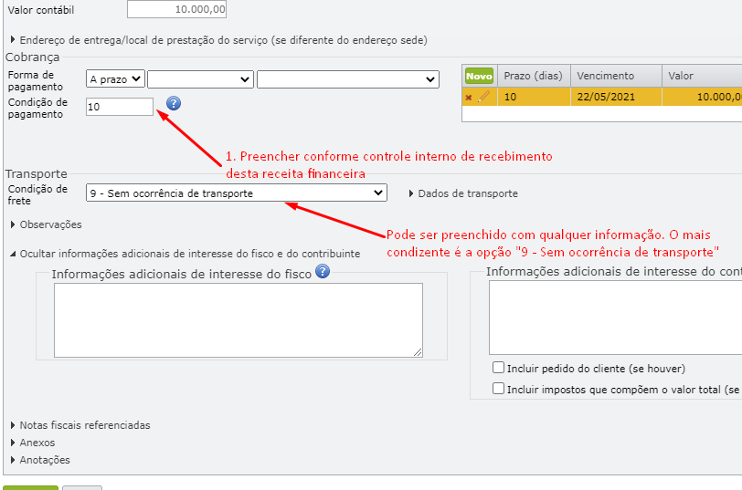 preenchimento dos campos pagamento e condição de frete