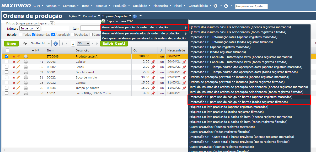 acesso à tela impressão OP para uso de código de barras