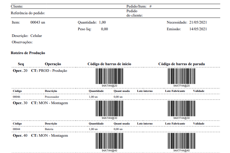 relatório com um código de barras de início e de parada