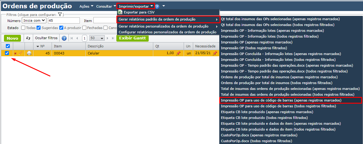 Impressão OP para uso de código de barras