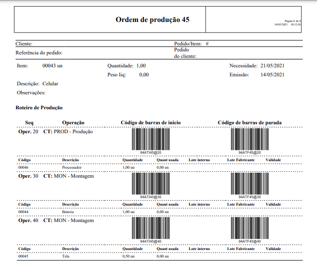 ordem de produção 45