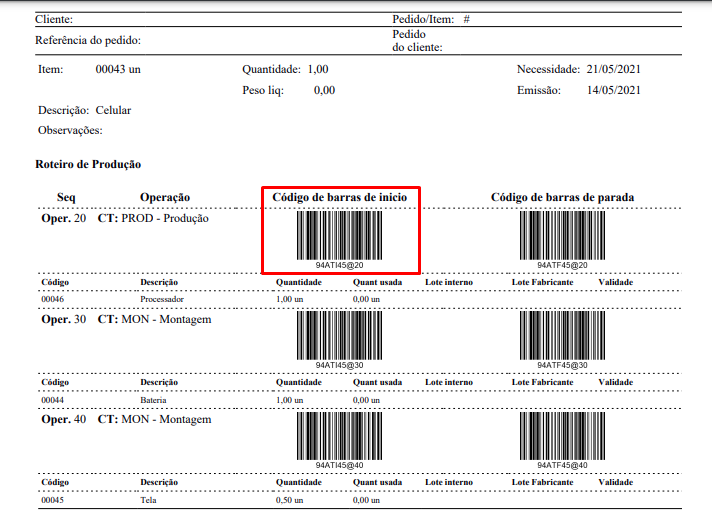 leitura do código de barras de início da primeira operação