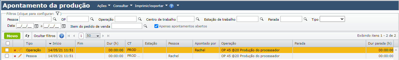 grade apontamento de operação