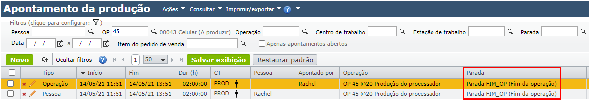 apontamento da produção tela