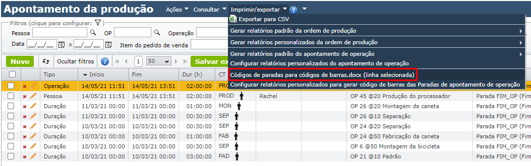 tela Códigos de paradas para códigos de barras