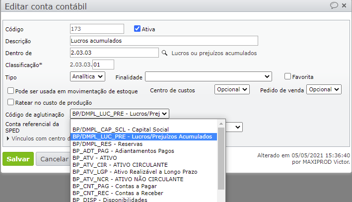 tela para editar conta contábil