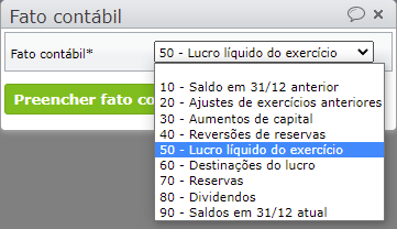 tela para a seleção do fato contábil