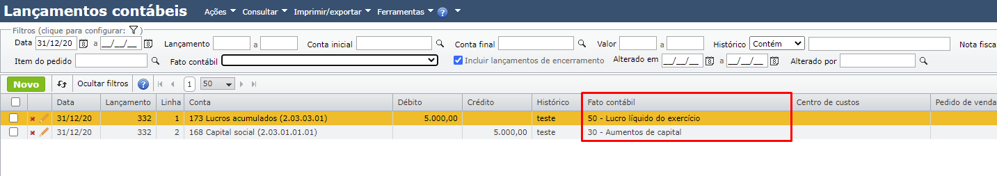 tela de lançamentos contábeis
