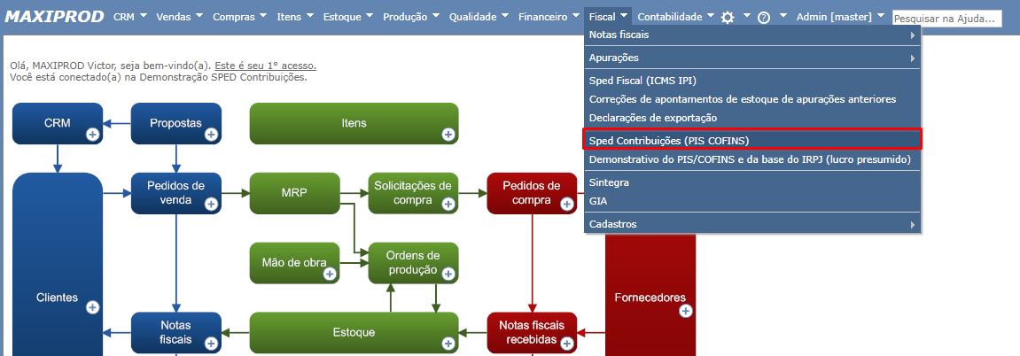 acessar tela sped contribuições