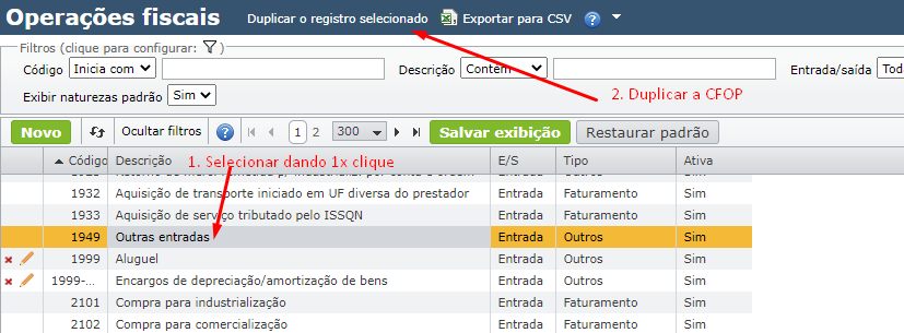 tela de operações fiscais