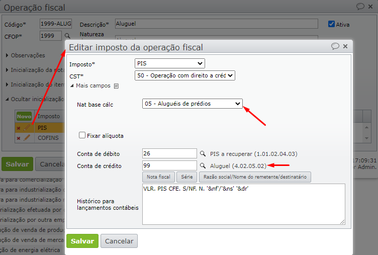 janela editar imposto da operação fiscal