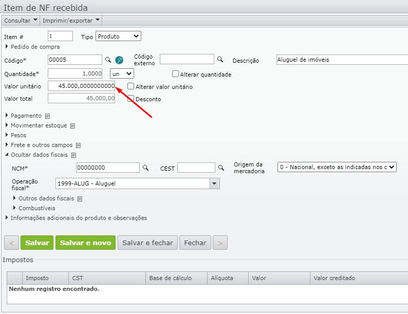 janela item de NF recebida