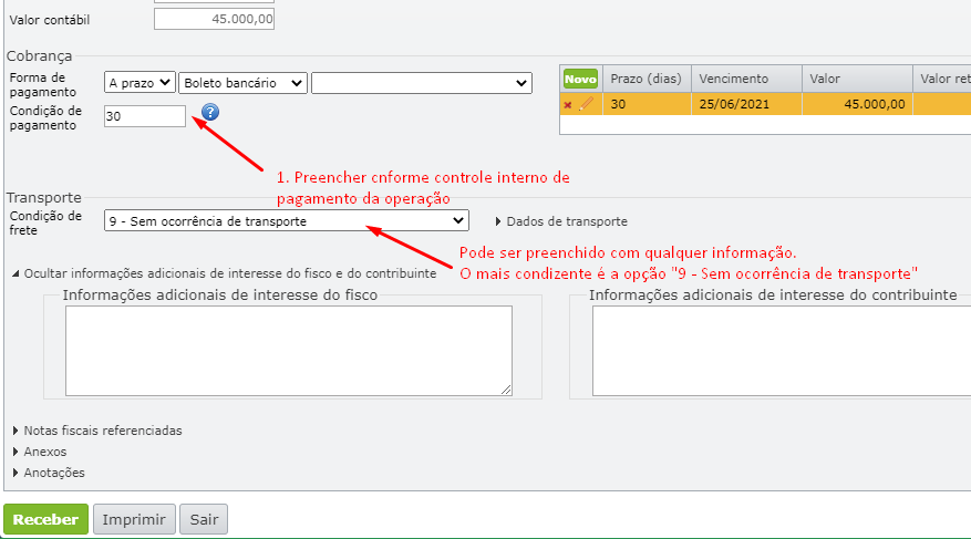 preencher campos pagamento e condição de frete