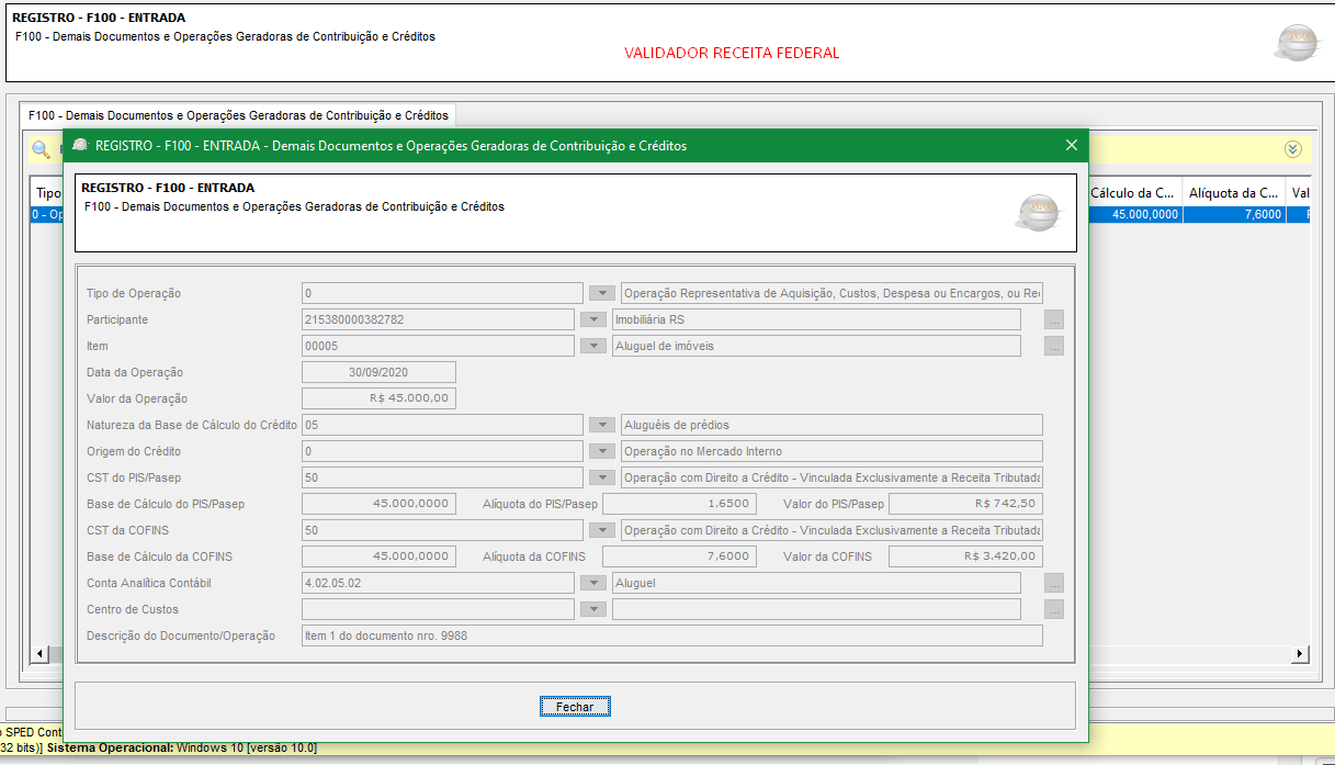 registro F100 dos documentos fiscais de entrada da EFD gerada