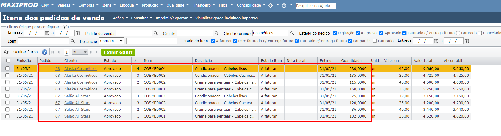 tela itens dos pedidos de venda