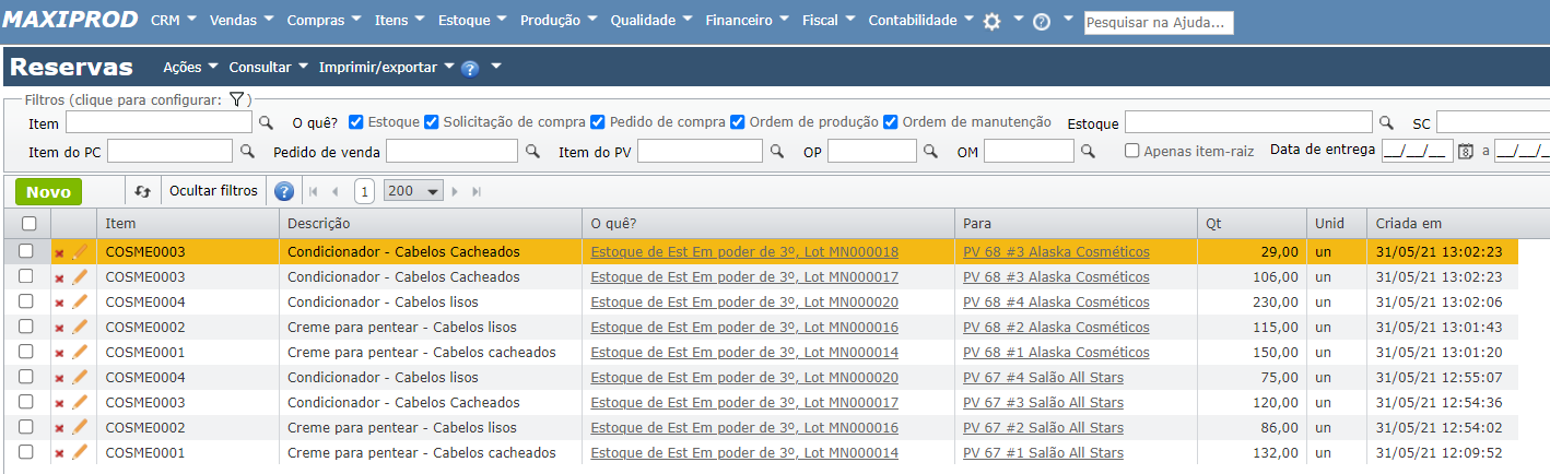 tela de reservas de material