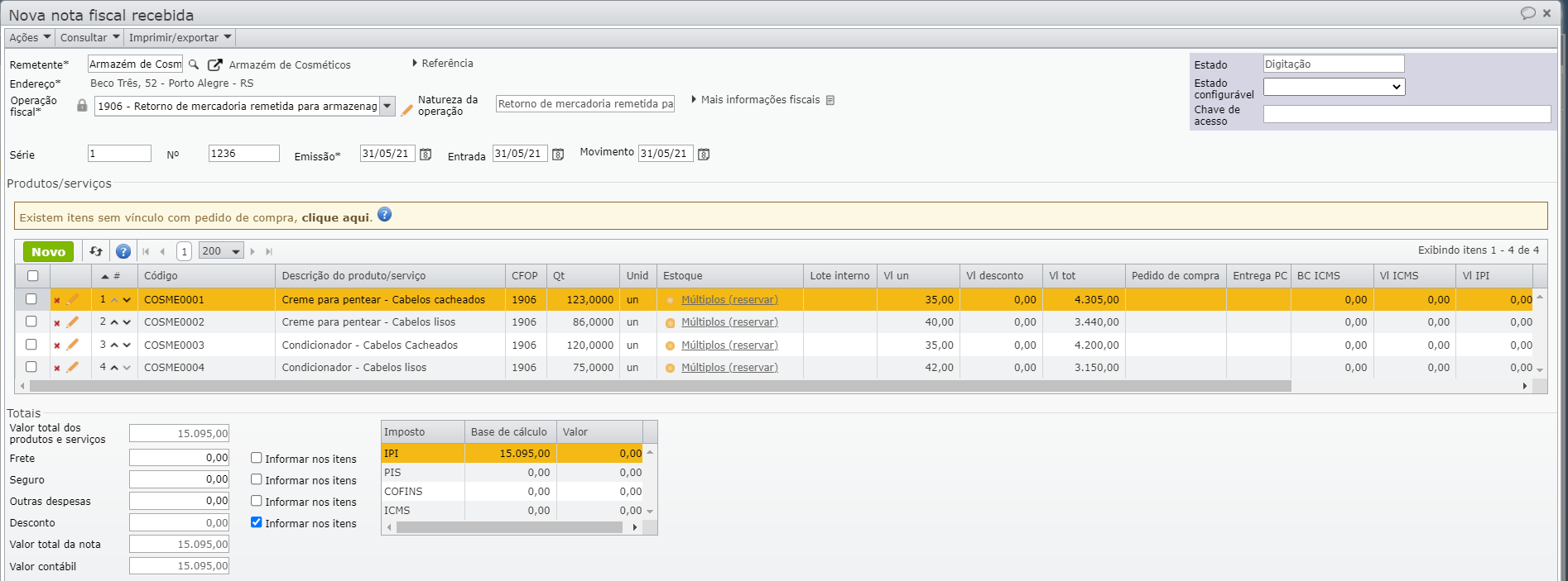 janela nova nota fiscal recebida