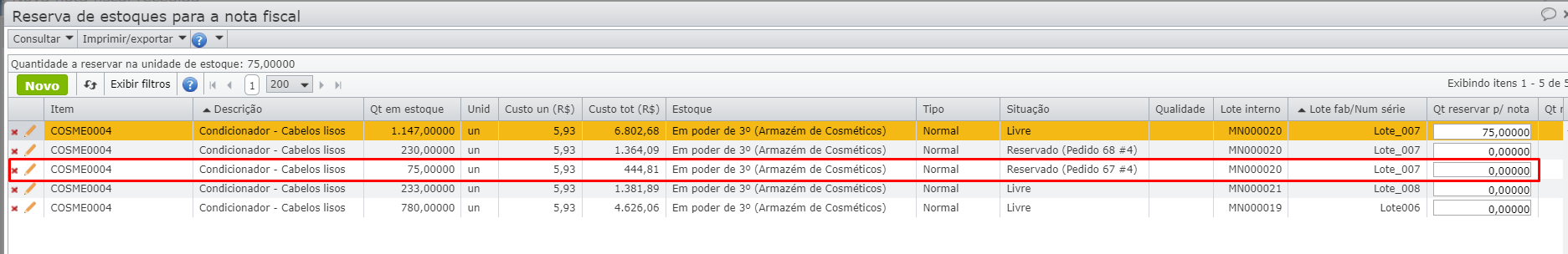 tela reserva de estoque para a nota fiscal