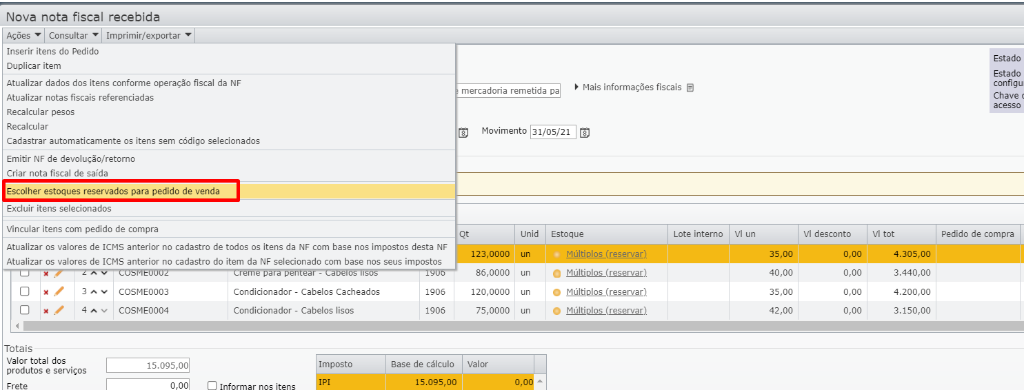 tela de nova nota fiscal recebida 02