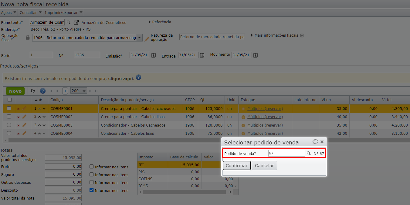 janela de seleção do pedido de venda 