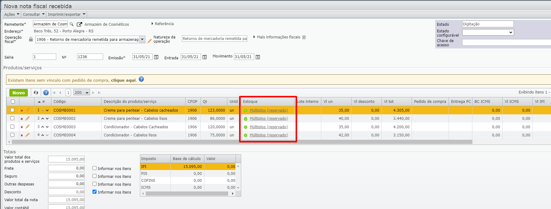 tela nova nota fiscal recebida 03