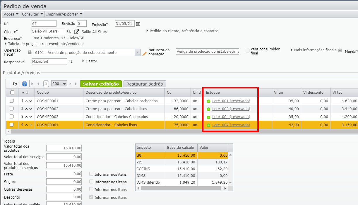 tela de pedido de venda