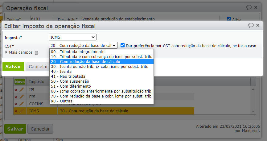 editar imposto da operação fiscal