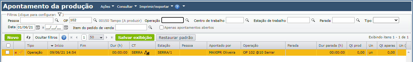 tela apontamento de produção