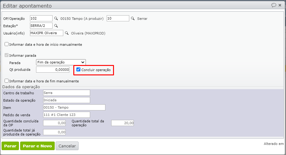 tela editar apontamento