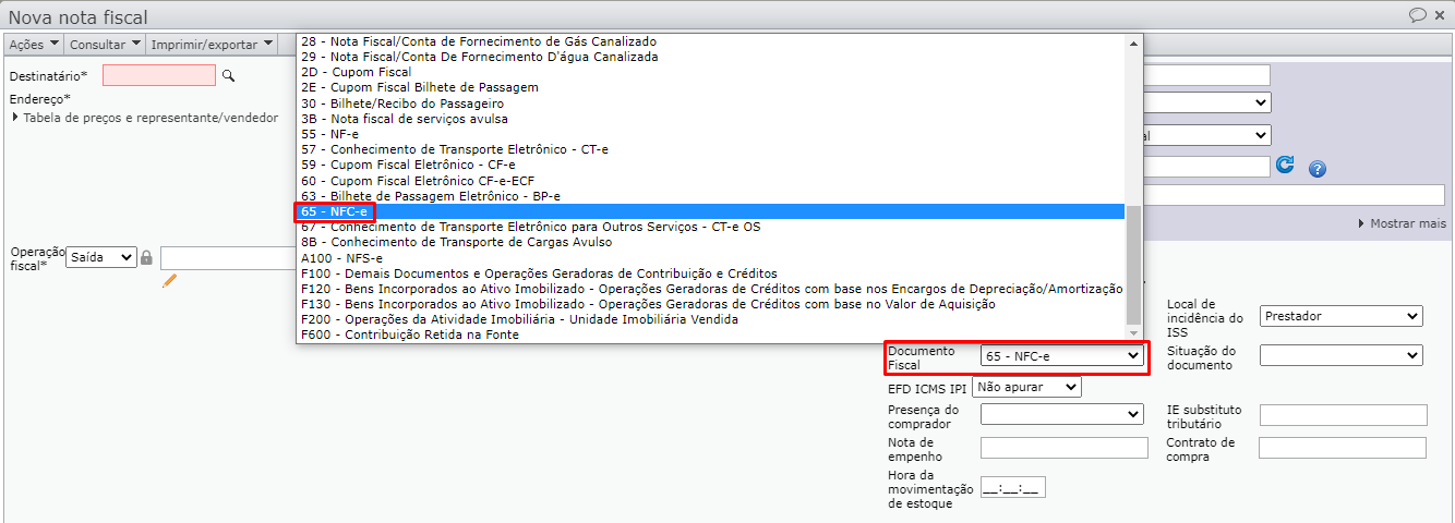 opção “65 – NFC-e”