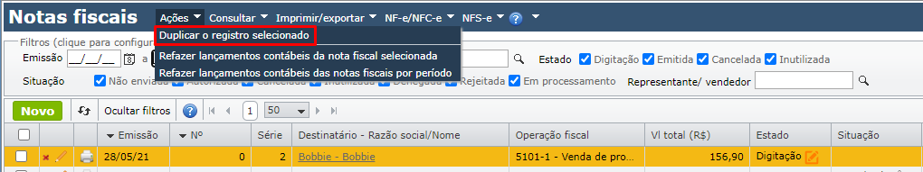 campo Duplicar registro selecionado na tela notas fiscais