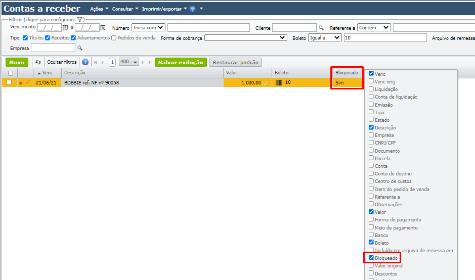 contas a receber - campo título bloqueado