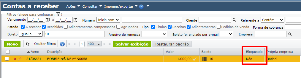 título bloqueado na tela de contas a receber