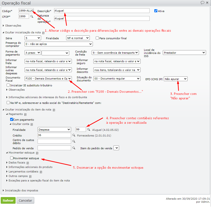 janela de operação fiscal - campos a serem preenchidos