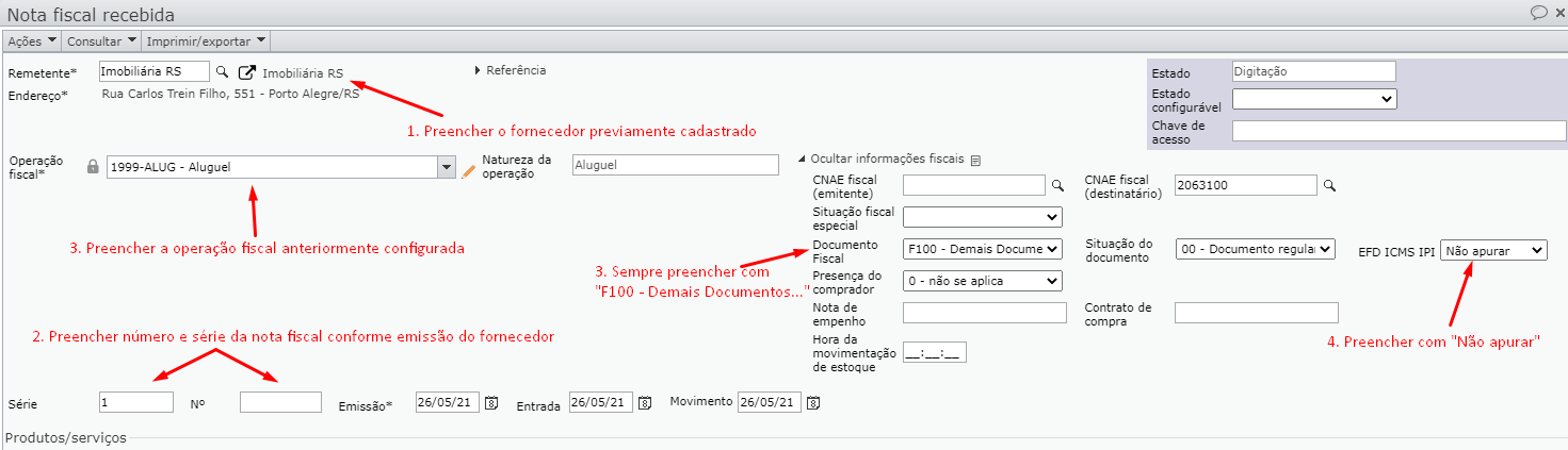 tela de nota fiscal recebida