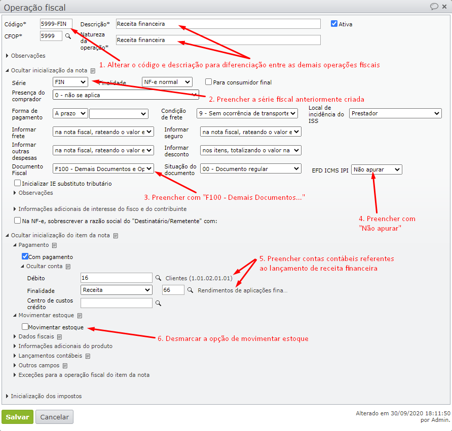 janela operação fiscal - campos preenchidos