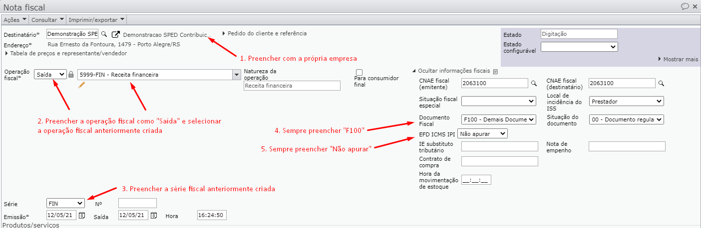 janela nota fiscal - campos preenchidos