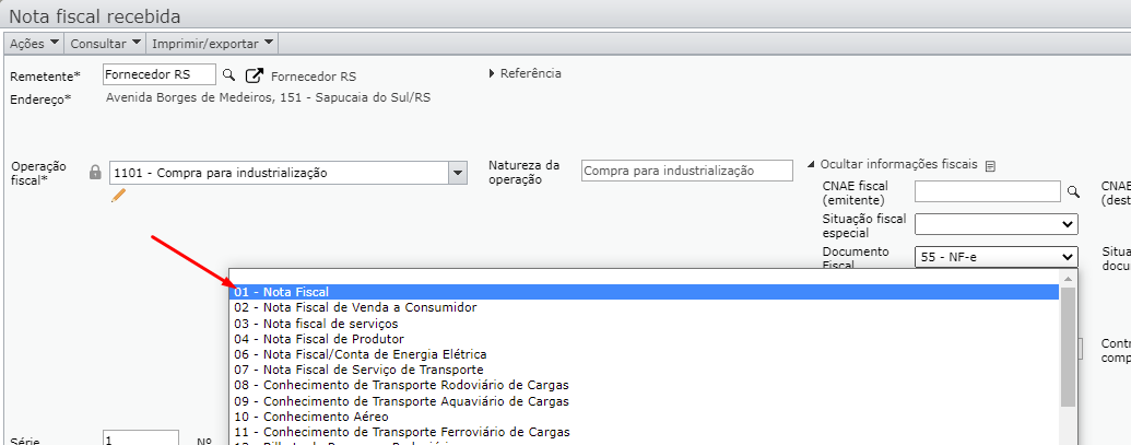 tela nota fiscal recebida - documento fiscal