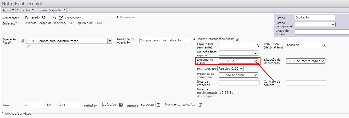 tela nota fiscal recebida - documento fiscal 55