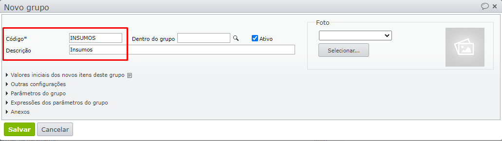 campo código e descrição