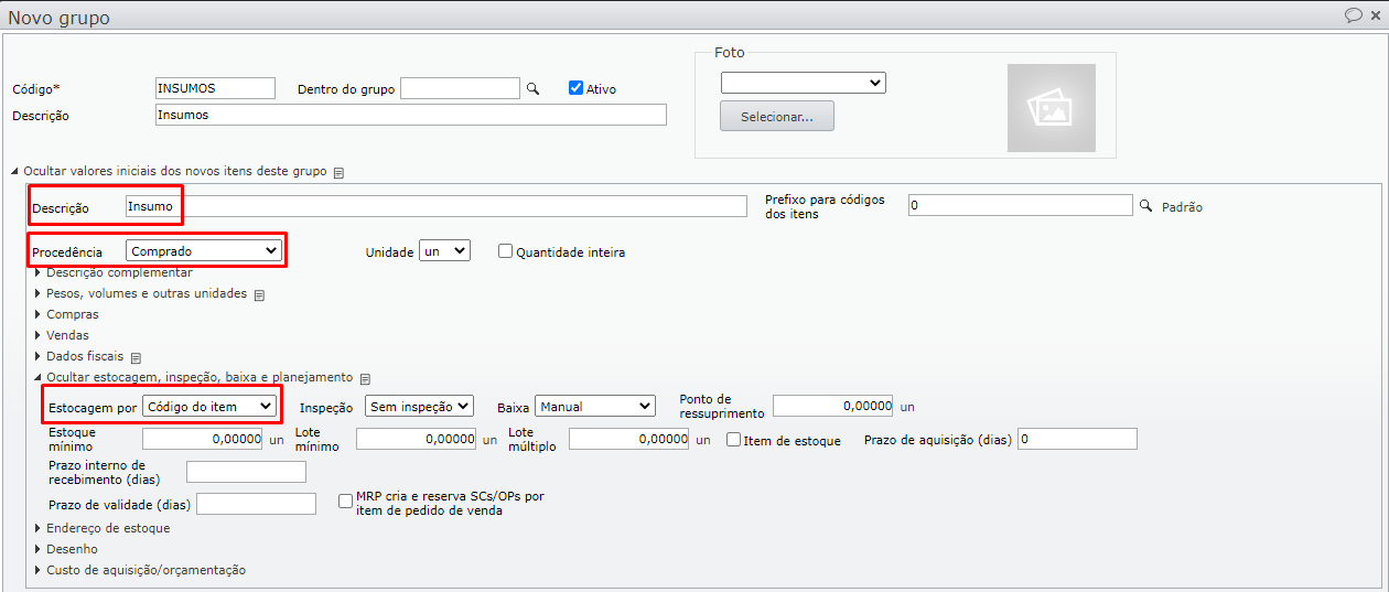 campos para criar novos grupos de itens