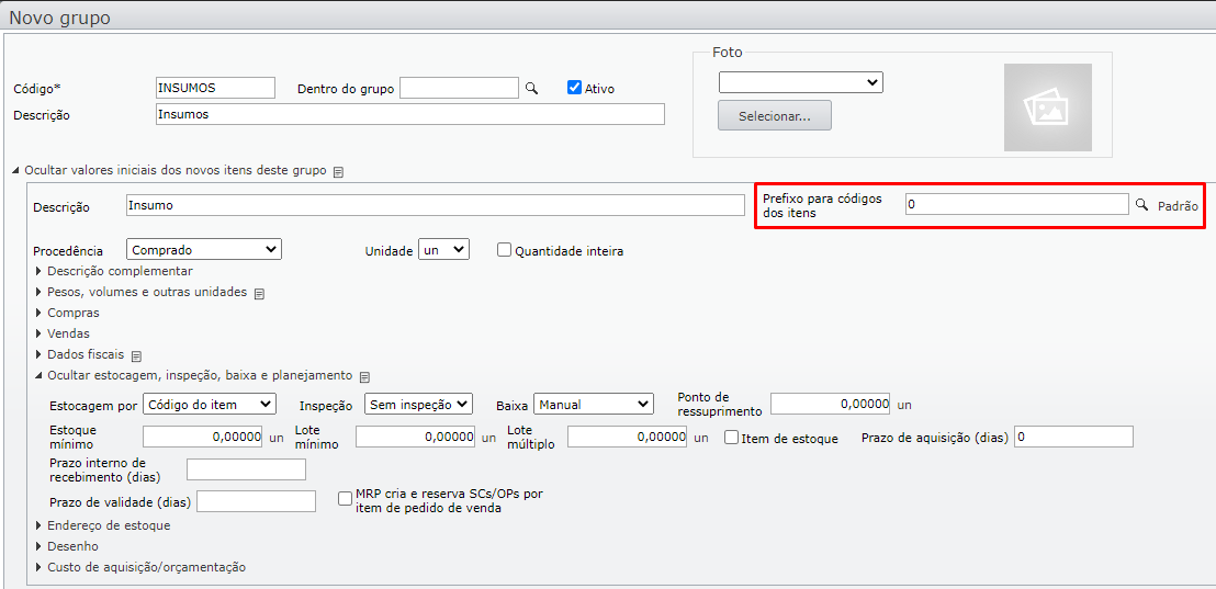 campo “Prefixo dos códigos dos itens”