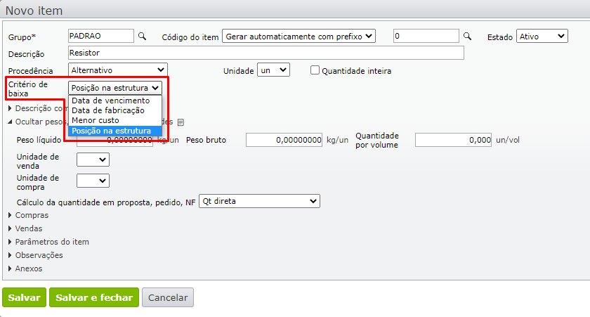 campo critério de baixa_itens alternativos